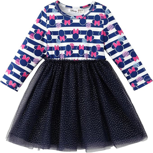 Disney Frozen Elsa Princess Cinderella Ariel Jasmine Rapunzel Baby/Toddler Dress, Ruffle Long-Sleeve Mesh Overlay Tulle Dress