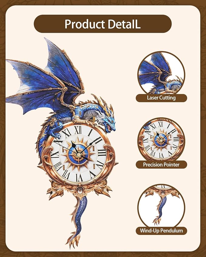 3D Wooden Puzzles for Adults, Blue Dragon Clock with Pendulum Model Kit, 3D Puzzles for Adults Room Home Decor DIY Wall Clock Kit, Holiday Birthday Christmas Day Gifts for Men Women Teens