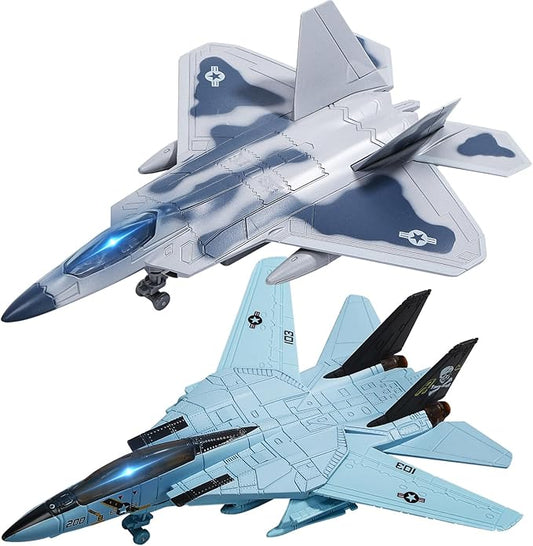 Double Fighter Jet Toy, F14 & F22 Diecast Planes with Lights & Sounds, Pull Back Military Aircraft Gift for Kids, Boys