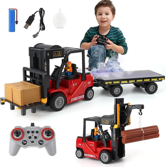Remote Control Forklift Cranes 11 Channel 2 Mode RC Forklift Truck with Spray Sound and Lights Construction Toys 2.4Ghz 1:24 Scale Truck Toy for Toddler Kids for 3-7 Boys and Girls (Red)