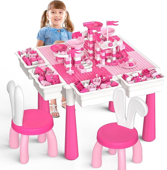 Kids Toddler Table and Chair Set: Water Activity Table With 152Pcs Large Marble Run Building Blocks, 2 Rabbit Chairs, Storage All in One Play Sensory Sand Table - 3-10 Year Old Girl Toys Gifts