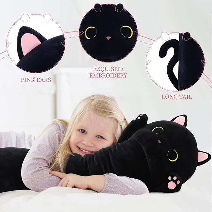 MaoGoLan Long Cat Body Pillow for Kids, 44'' Big Kitten Plush for Adults, Big Black Cat Stuffed Animal for Girl, Large Kitten Plush Throw Pillow Doll