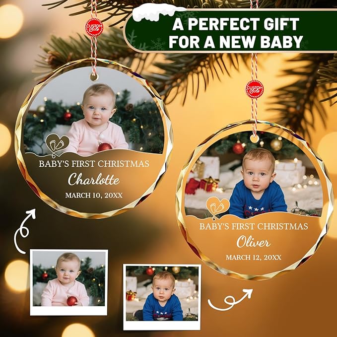 ALBK Custom Baby's First Glass Christmas Ornament 2025 - Personalized Baby Photo Ornament for Christmas Tree, Newborn Birth States Boy Girl Keepsake