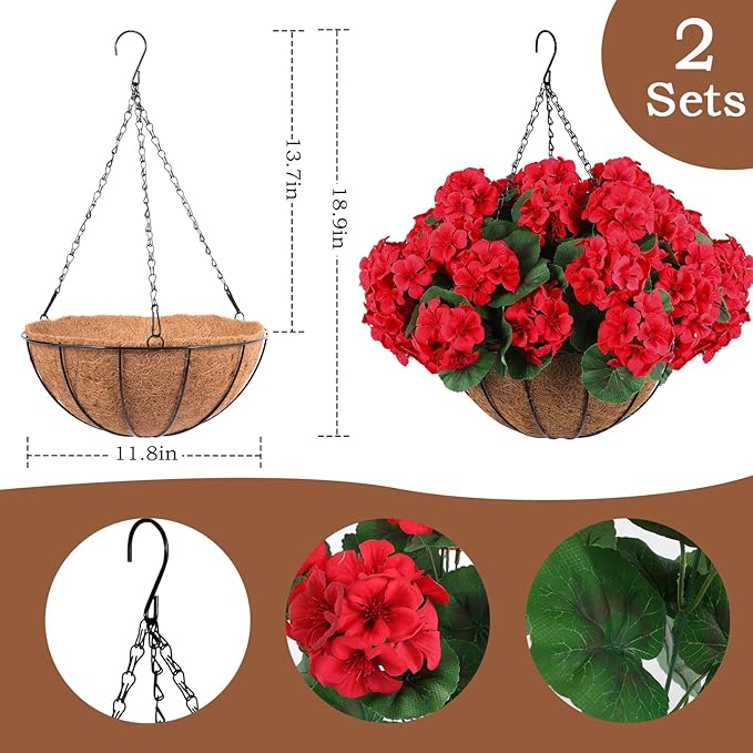 Hananona 2 Set Artificial Outdoor Geraniums Flowers with Hanging Basket, 2 Hanging Planters with 12 Pcs Red Geranium Flowers for Christmas Front Porch Garden Patio Home Decor (2, Red)