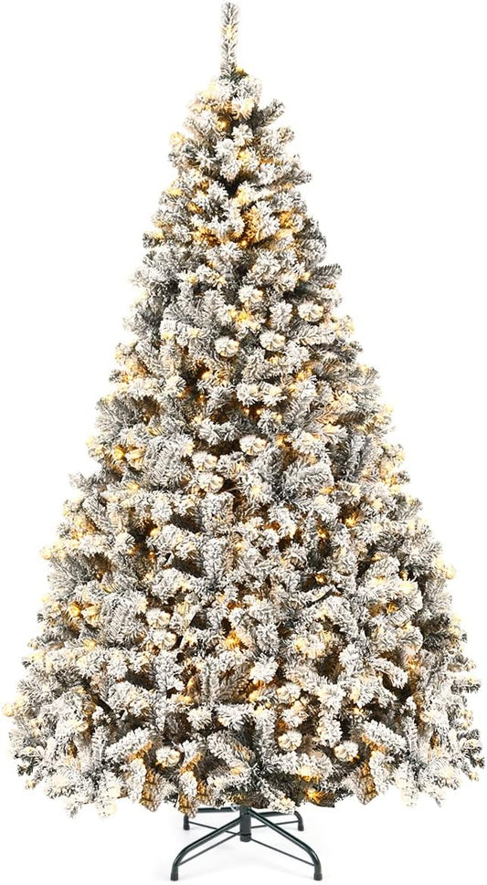 Goplus 9ft Pre-Lit Artificial Christmas Tree, Premium PVC Snow Flocked Hinged Pine Tree with Metal Stand and LED Lights, Perfect Xmas Decoration for Indoor and Outdoor