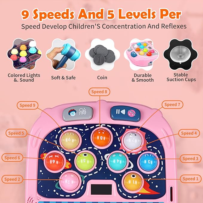 WAYKEE Whack a Mole Game, Toys for Ages 3-4 5-7 8-12 Girls Boys, Whack Game for Toddlers, Gifts for 3 4 5 6+ Year Old Girls Boys, Early Learning Educational Toys with 2 Hammers Sound & Light