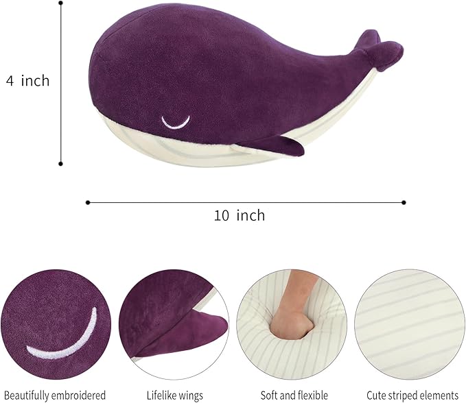 MUPI Whale Stuffed Animals Plush Pillow 4 Size Cute Soft Cotton Plushies Pillows Kawaii Blue Whale Toy Gifts for Kids Boys Girls Adults (Purple, 10 Inch)