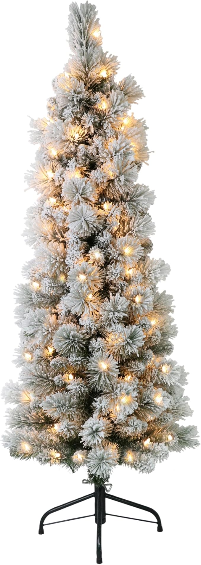 Puleo International 4.5ft Pre-Lit Flocked Portland Pine Pencil Christmas Tree with 100 Clear Lights, 195 Realistic Dense Branch Tips, Easy Setup Artificial Trees with Sturdy Metal Stand