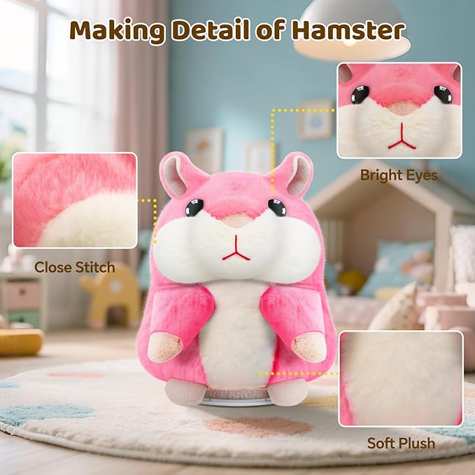 Kids Toddler Toys for Ages 2-4, Talking Hamster Repeats What You Say, Interactive Plush Repeating Toy for 2 3 4 5 6 8 Year Old Boy Girl Birthday Gift (Pink)