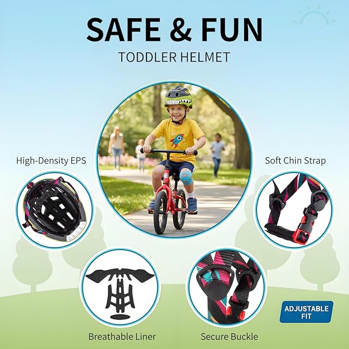 KINGBIKE Toddler Helmet 2-3-5-8 Years Kids Balance Bike Helmets Size Adjustable 3D Dinosaur with Led Light for Skateboard Scooter Cycling Skaterolling