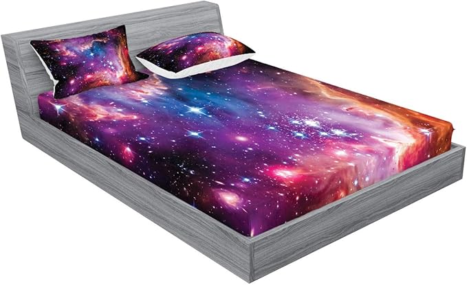 Ambesonne Galaxy Fitted Sheet & Pillow Sham Set, Magellanic Cloud Stars and Colorful Cosmic Universe View Pattern, Decorative Printed 3 Piece Bedding Decor Set, King, Purple Black