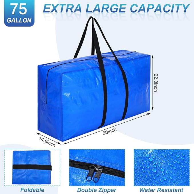 Windyun 4 Pack 75 Gallon Extra Large Storage Bags XXL Moving Bags with Zipper Handles Heavy Duty Jumbo Big Totes Box for Halloween Skeleton 4-12 Feet Christmas Tree Storage College Dorm Cloth (Blue)