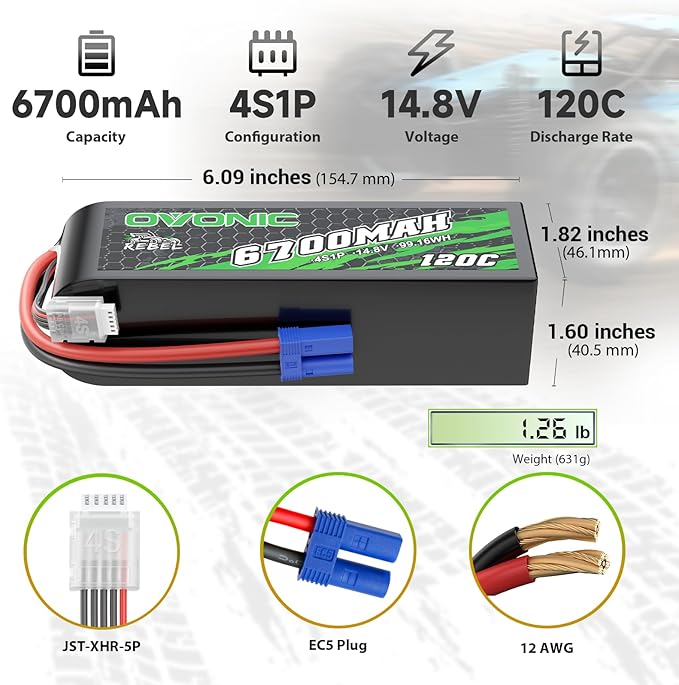 OVONIC 14.8V 120C 6700mAh 4S Lipo Battery with EC5 Plug for RC Car Boat Truck Helicopter Airplane Racing Models