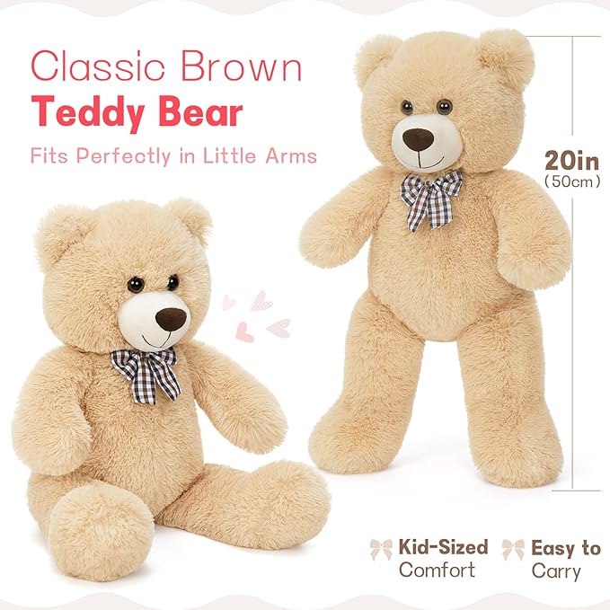 MorisMos Bow Tie Teddy Bear Stuffed Animal, 20 Inch Classic Stuffed Bears Plush, Cuddly Hugging Bear Gift for Toddler, Kids, Baby Shower & Birthday, Brown