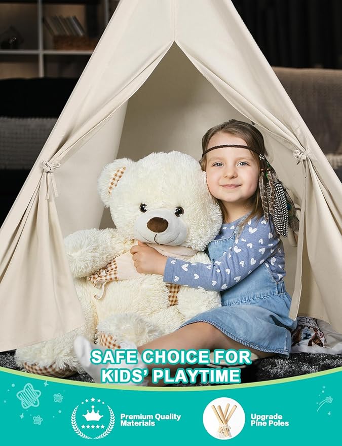 Sumbababy Teepee Tent for Kids Indoor - Natural Canvas Kids Play Tent - Washable Tipi Sleepover Tents with Lights & Carry Bag, Outdoor Toddler Tents for Girls & Boys - Foldable Playroom Gift Toys