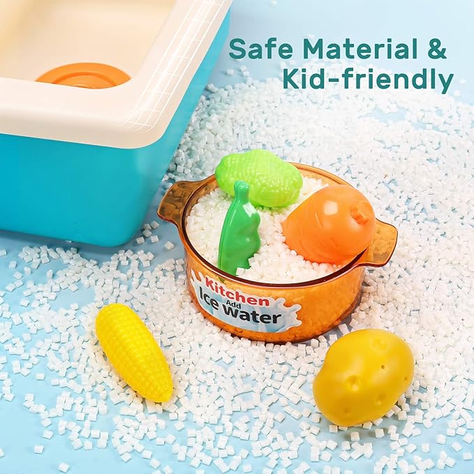 CUTE STONE Play Kitchen Sink Toys with Upgraded Real Faucet, Play Cooking Stove, Cookware Pot and Pan,Play Food, Color Changing Dishes Accessories for Boys Girls Toddlers