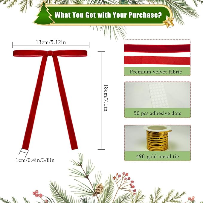 24Pcs Velvet Ribbon 5 x 7 Inch Christmas Ribbon 3/8 Inch Wide Christmas Bows Vintage Velvet Bows for Christmas Tree Red Bows for Christmas Tree Decorations