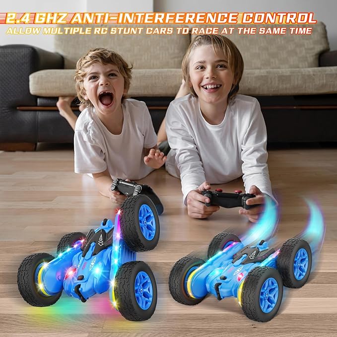 Remote Control Car, Rc Cars Stunt Kids Toys New Upgraded Strip Lights and Headlights Double-Sided 360° Rotating 4WD Drift Truck for Boys Girls Birthday Gift (Blue)