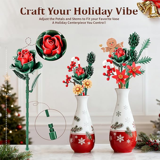 Christmas Flowers Bouquet Building Set, Xmas Botanical Collection Compatible with Lego Flowers for Home Living Room Christmas Decor, Xmas Gift for Grandkids & Teens, 865 PCS