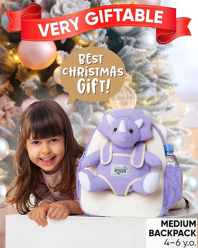 Naturally KIDS Purple Dinosaur Backpack for Girls 4-5, Triceratops Backpack, Dinosaur Gifts for 4-5 Year Old Girls