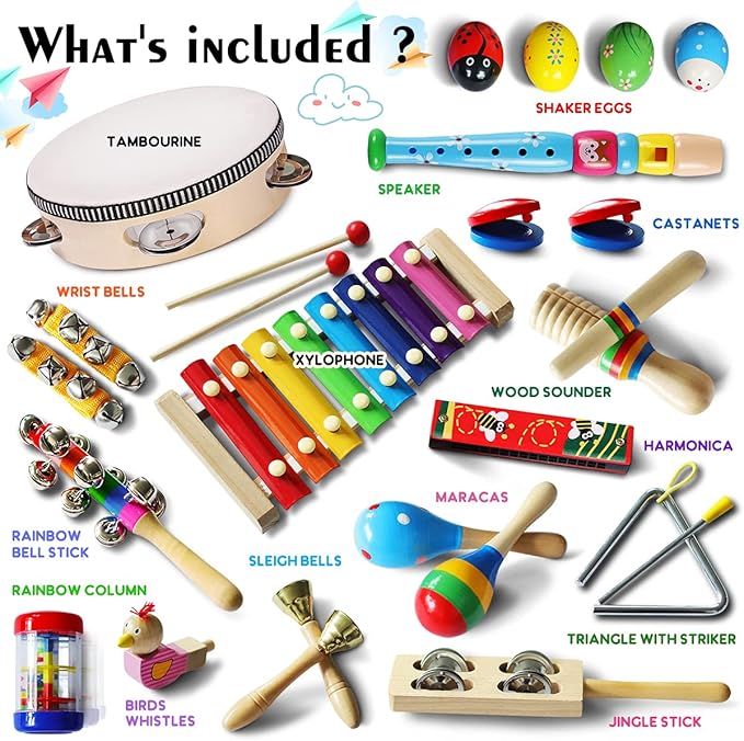 LOOIKOOS Toddler Musical Instruments,Wooden Percussion Instruments Toy for Kids Baby Preschool Educational Musical Toys Set for Boys and Girls with Storage Bag