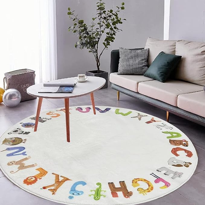 ABC 4ft Round Kids Play Rug - Soft Crawling Mat, Non Slip Alphabet Educational Rug for Toddlers, Baby, Nursery, Playroom, Classroom, Bedroom Decor