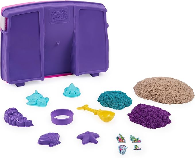 Kinetic Sand, Mermaid Palace Playset with 2.06lbs Play Sand (Neon Purple, Shimmer Teal & Beach), Tools & Folding Sandbox, Sensory Toys for Kids