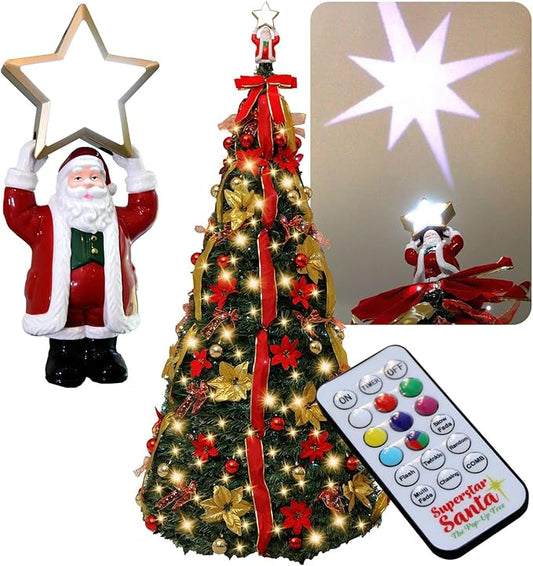 Superstar Santa Pop-Up Christmas Tree, 7FT, Pre-Lit w/ 200 LED Lights, AS SEEN ON TV, Santa Topper Projects North Star, Opens Instantly, Fully Decorated, 7 Colors, 32 Modes w/Remote, Stores Flat