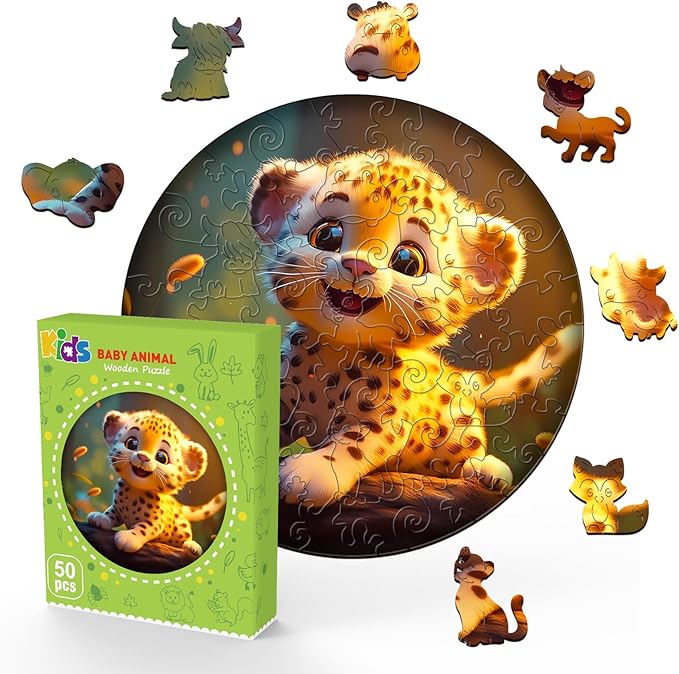Wooden Jigsaw Puzzles for Kids Ages 3-7, Cute Leopard 50 Pieces Kids Puzzle, Birthday Gift Idea, Toddler Kid Activities Preschool Puzzle Toys - 11.4×11.4 Inches