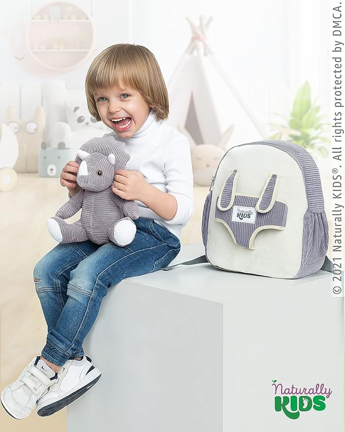 Naturally KIDS Grey Dinosaur Backpack for Boys 4-5, Triceratops Dinosaur Gifts for 4-5 Year Old Boys, Girls, Toddler Backpack