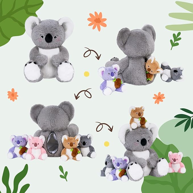 OUOZZZ Koala Stuffed Animal with Babies Inside - 12" Plush Toy with 4 Baby Koalas - Gift Present Toys for Girls & Boys
