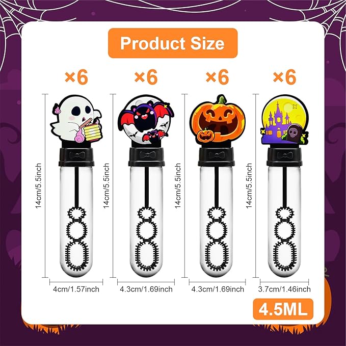 24 Pack Halloween Bubble Wands for Kids - Spooky Ghost, Bat, and Pumpkin Designs, Party Favors Bulk with Colorful Bubbles for Trick or Treat, Goodie Bag Stuffers, Birthday Gifts, Carnival Prizes