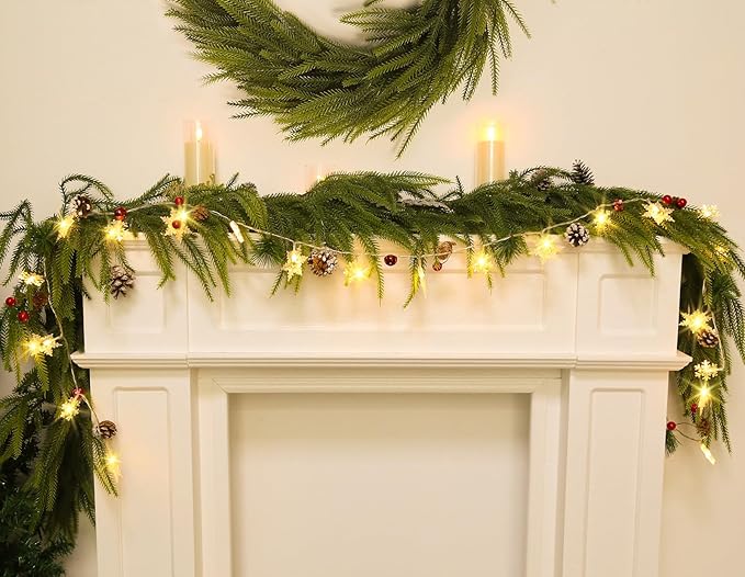 Christmas Garland with 20 Snowflake Light 6.8FT Christmas Lights 1pcs Battery Operated Snowflake Light with Bells for Fireplace Bedroom Garden Party Home Indoor Outdoor Xmas Tree Decorations