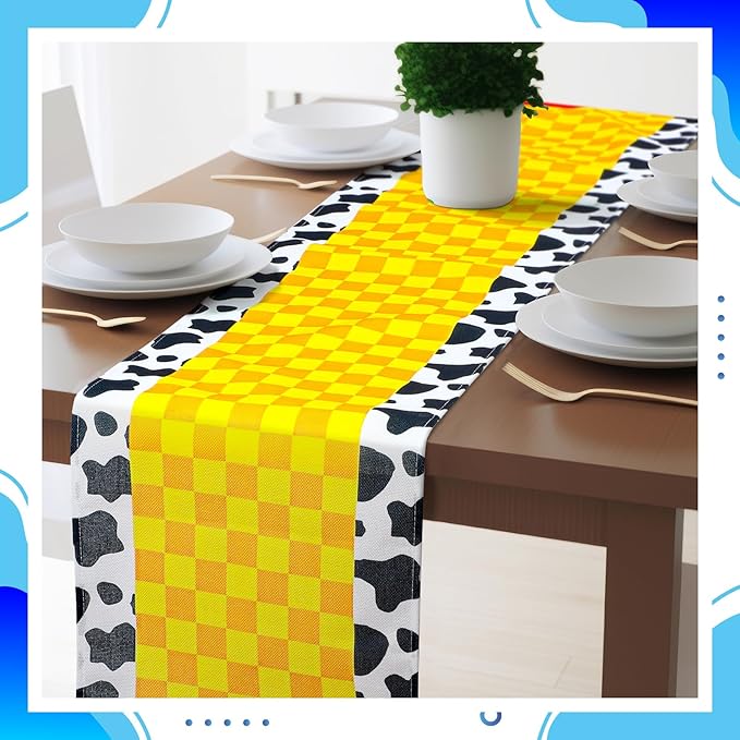 2 Pcs Cartoon Table Runner Cartoon Birthday Party Supplies Cow Pattern Printed Check Table Decor Tablecloth Party Supplies,13 x 72 in (Classic)