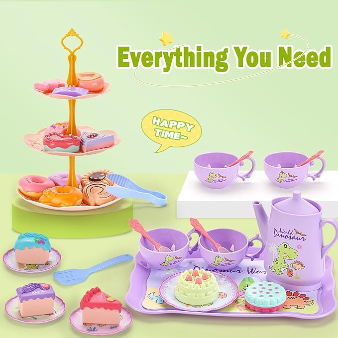 Dinosaurs Tea Party Set for Little Girls, Pretend Plastic Teapot Set, Princess Tea Time Play Kitchen Toy with Dessert, Carrying Case for Birthday Easter Gifts Kids Toddlers Age 3 4 5 6
