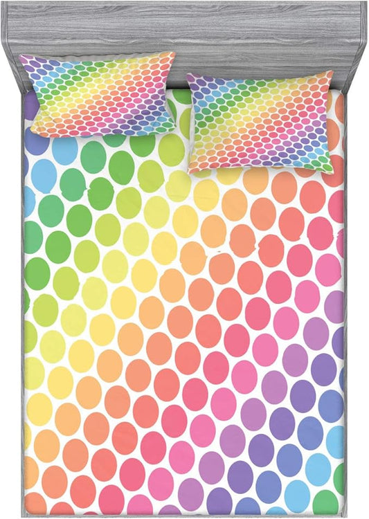 Ambesonne Polka Dots Fitted Sheet & Pillow Sham Set, Polka Dots in Soft Rainbow Colors Big Points Eternal Shapes Retro Pattern, Decorative Printed 3 Piece Bedding Decor Set, Full, Pink Yellow