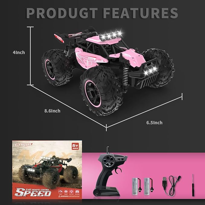 Carox Remote Control Car, 2.4GHz 25KM/H High Speed RC Car, 1:18 Off-Road Monster Truck with LED Lights and 1800mAh Rechargeable Battery – Ideal Gift for Boys 6+