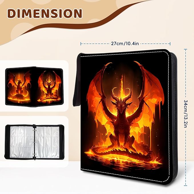 900 Pocket Trading Card Storage Album, Card Binder with 50 Durable 9-Pocket Pages, Fire Dragon Design on Pocket Card Packs, Thanksgiving Christmas Gifts for Zipper Closure Collector's Album