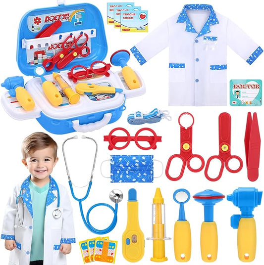 GINMIC Kids Doctor Play Kit, 22 Pieces Pretend Play Doctor Set with Roleplay Doctor Costume and Carry Case for Toddlers and Kids, Medical Dr Kit Toys for Girl Age 3 4 5 6 7 Year Old (Blue-1)