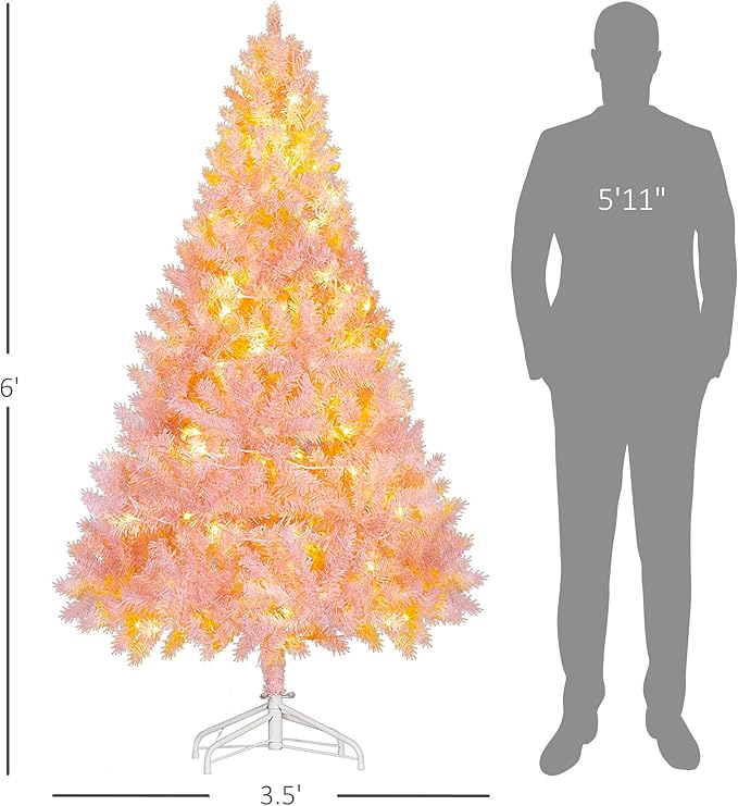 HOMCOM 6' Tall Prelit Christmas Tree Douglas Fir Artificial Christmas Tree with Realistic Branches, 250 Warm White LED Lights and 1000 Tips, Pink