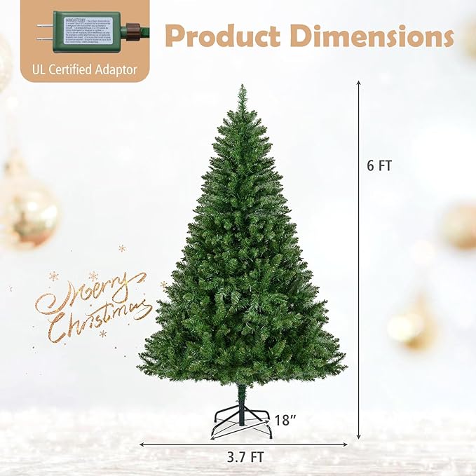 Goplus 6 FT Pre-Lit Artificial Christmas Tree, Hinged Xmas Tree with 814 Branch Tips, 700 Warm White LED Lights, 7 Lighting Modes & Folding Metal Stand, Seasonal Decoration Tree for Home Party Holiday