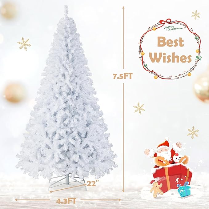 GOFLAME 7.5FT White Christmas Tree, Artificial Hinged Christmas Tree with 1346 PVC Branch Tips and Folding Metal Stand, Indoor Outdoor Xmas Decoration Tree for Home Office Party, Easy Setup