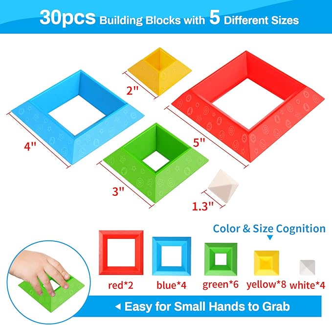Montessori Toys for 1 2 3 4 Year Old Boys Girls Toddlers Preschool Learning Activities 30Pcs Building Blocks Stacking Educational Toys STEM Sensory Gifts for Kids Age 1-2 2-4