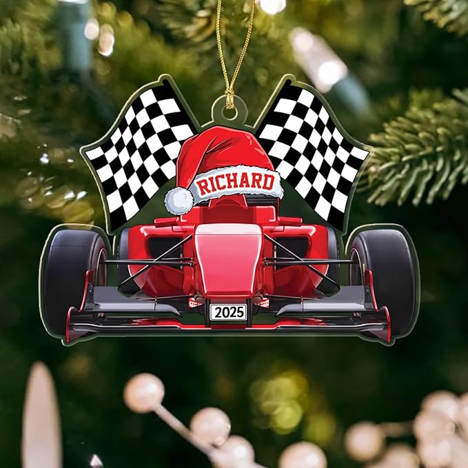 Personalized Racing Car Shaped Christmas Ornament 2025, Unique Racing Keepsake Xmas Ornament Gift for Men Women Racer Speed Lovers, Customized Year & Name Car Sport Racer Christmas Tree Ornaments