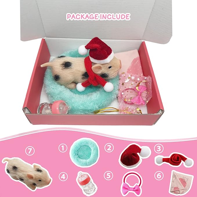 5 Inches Silicone Piglet with Accessories, Soft Mini Realistic Silicone Animals for Kids Christmast Gift（Christmas Ella）