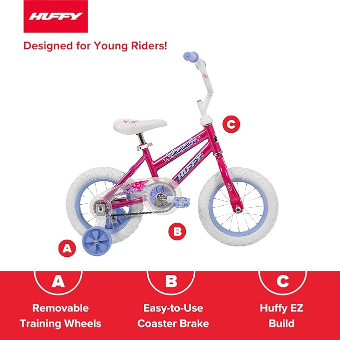 Huffy Illuminate Bike for Girls, 12/16/20 Inch Size Options, Ages 3+ Years Old, Removable Training Wheels (12" and 16" Only), Multiple Color Options, Easy Assembly, Streamers, Adjustable Seat, Durable