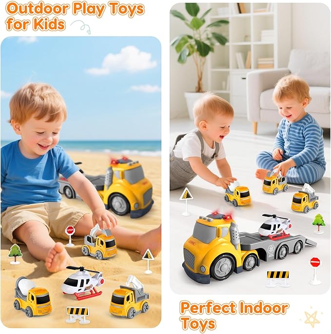 Truck Toys for Toddler 1, 2, 3, 4 Year Old Boy, Construction Transport Trucks Toy Set, Ideal Christmas Birthday Gifts for Kids.