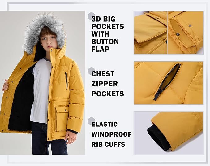 maoo garden Boys Puffer Winter Coat Big Kids Heavyweight Sherpa Lined Fur Hooded Jacket Water-Resistant Snow Parka