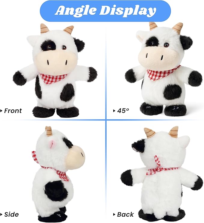 Hopearl Talking Singing Cow with Red Bib Repeats What You Say Walking Dairy Cattle Electric Interactive Animated Toy Speaking Plush Buddy Gifts for Toddlers, 9''