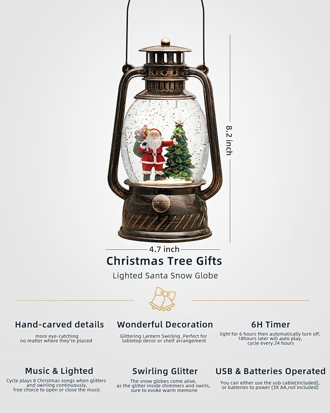 Christmas Decorations Indoor-Musical Snow Globe Christmas with 6H Timer,Santa Christmas Tree Lighted Scene Snow Globes Lantern USB or Battery Powered,Christmas Decorations Decor for Home